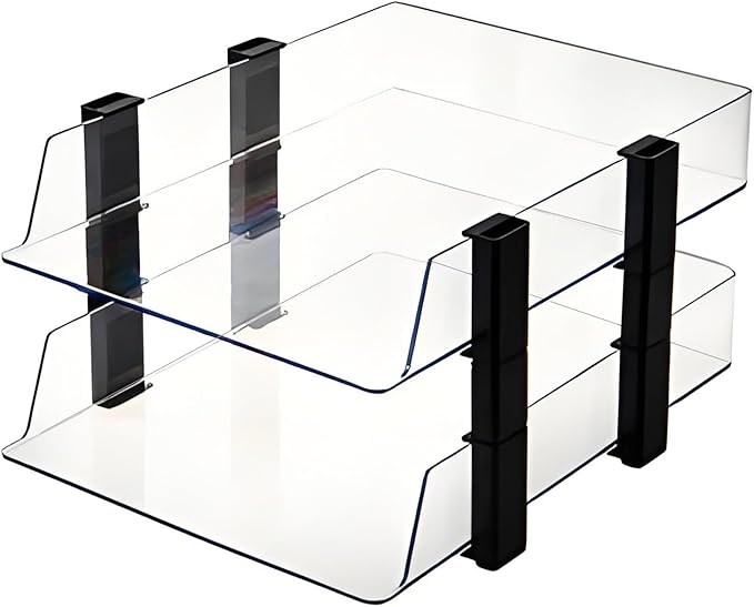 Clear 2-Tier Stackable Paper Tray Organizer for Letter/A4 Files, Desktop Document Sorter, Transparent Office Desk Storage (2 - Tier Clear)