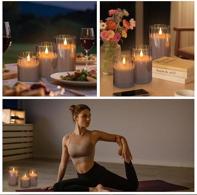 Rechargeable Flameless Candle, Flashing LED Pillar Real Wax Candle with Remote Control and Timer, Grey Stripes Glass Electronic Candles for Room Decoration, 1 Set of 3