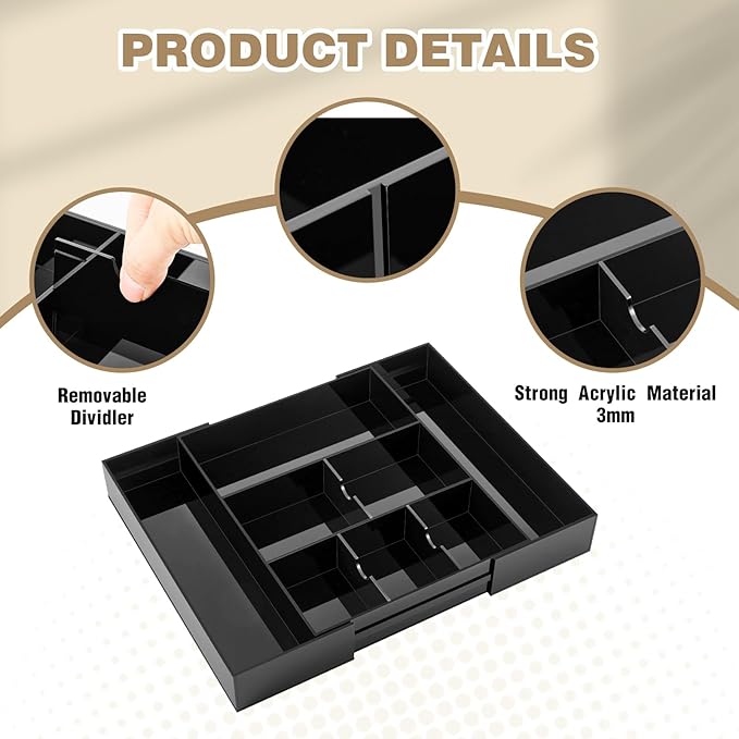 Briwooody 1 Pcs Acrylic Desk Drawer Organizer 9'' up to 18'' x 12'' x 2.1'' Expandable Drawer Organizer Trays with 8 Adjustable Compartments Black Desk Accessories for Makeup Office Bathroom