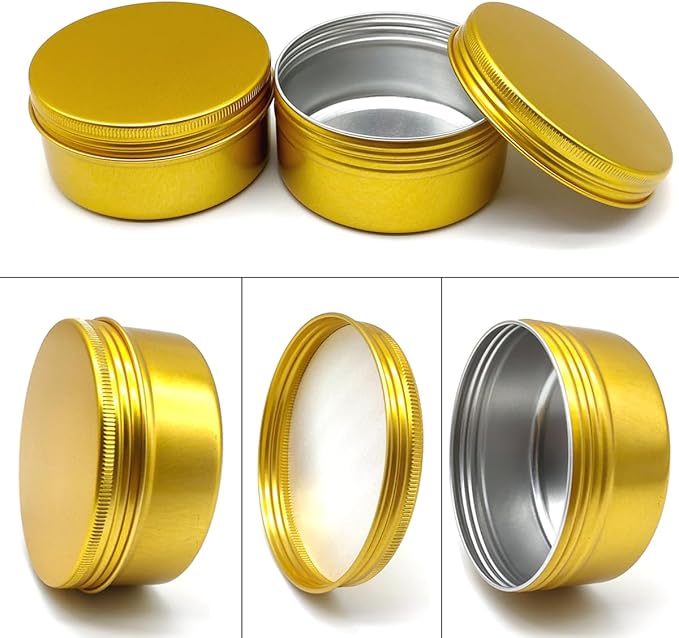 200ml Aluminum Tin Jar, Refillable Makeup Container 200g Gold Screw-up Lid Small Round Cans 7oz for Cosmetics, Lip Balm, Cream, Toner, Eyeshadow, Candle, Tea, Beads, Nails, 4 Pack Travel Tins