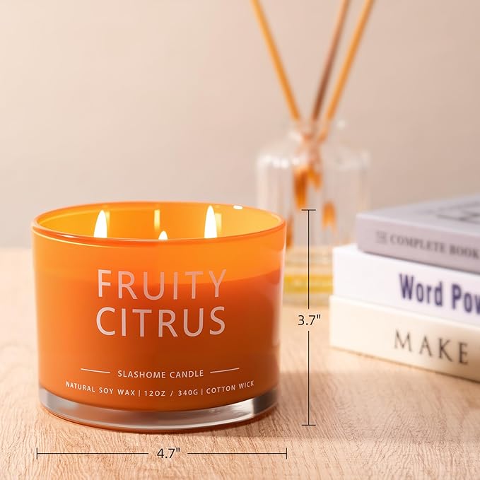 Fruity Citrus Scented Candle, Luxury Large 3 Wick Soy Candle 12 Oz, 60+ Hour Long Lasting Clean Burn, Elegant Aromatherapy Home Decor, Housewarming & Birthday Gift for Women & Men
