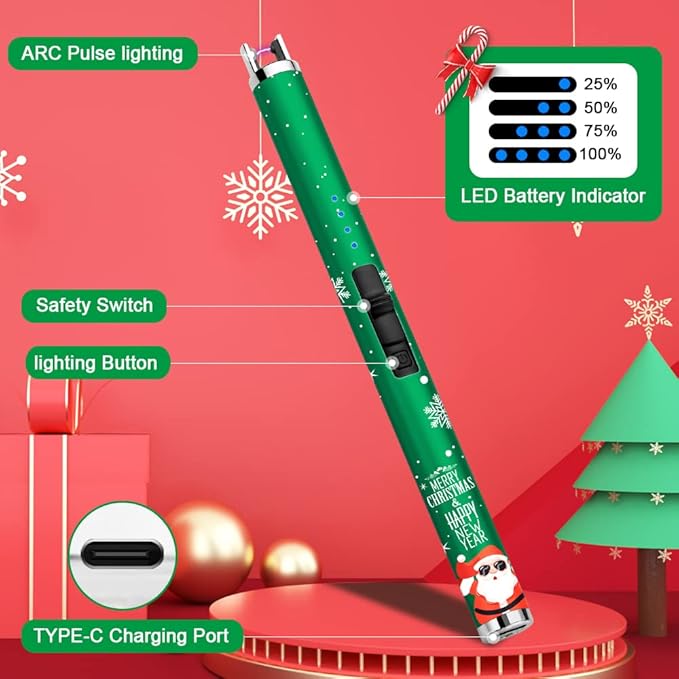 SUPRUS Electric Candle Lighter USB Lighter with Upgraded LED Battery Display Safety Switch Rechargeable Flameless Plasma Windproof Pocket Size for Candle Cooking BBQs Fireworks (Christmas Green)
