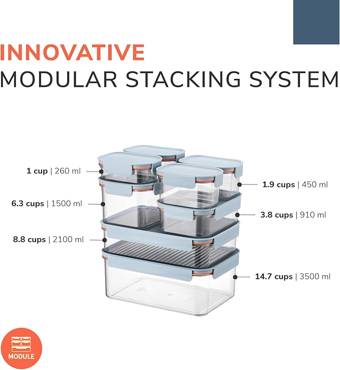 LocknLock Modular Plus Airtight Food Storage Containers, 10-Piece Set, BPA-Free, Modular Stacking, Tritan, Navy