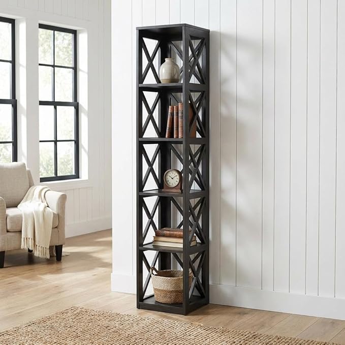 Furnifact Black 5 Tier Corner Bookcase with Spacious Shelves, Modern Design, Durable Non-Lead Base Paint Finish, Ideal for Living Room or Office Storage