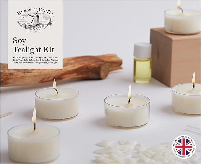 Soy Tealight, Single Craft Kit Set, Beige, Includes 5 Clear Polycarbonate Tealight Cases, 100g Soy Wax, 5 Tealight Wicks, 4ml Vanilla Fragrance Oil, Pipette, Instructions