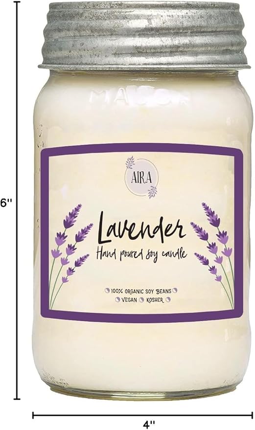 Aira Soy Candles - Organic, Kosher, Vegan, in Mason Jar w/Therapeutic Grade Essential Oil Blends - Hand-Poured 100% Soy Candle Wax - Paraffin Free, Burns 110+ Hours - Pure Lavender - 16 Ounces