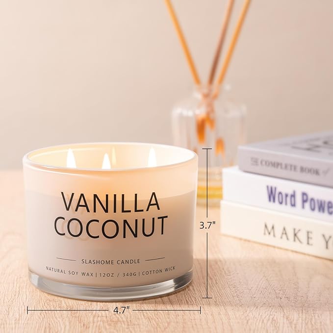 Vanilla Coconut Scented Candle, Luxury Large 3 Wick Soy Candle 12 Oz, 60+ Hour Long Lasting Clean Burn, Elegant Aromatherapy Home Decor, Valentine's Day & Housewarming & Birthday Gift for Men Women