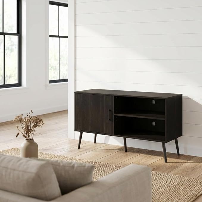 Furnifact Espresso Mid Century Style TV Stand with Wood Legs, One Cabinet and Two Shelves, Durable Wooden Construction, Elegant and Functional Design