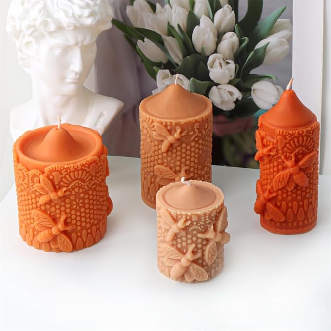 Bee Lace Trim Cylinder Candle Mold, Honeybee Beehive Pillar Silicone Mold for Beeswax Candle, Soy Wax Candle, Plaster Ornament, DIY Crafts (G)