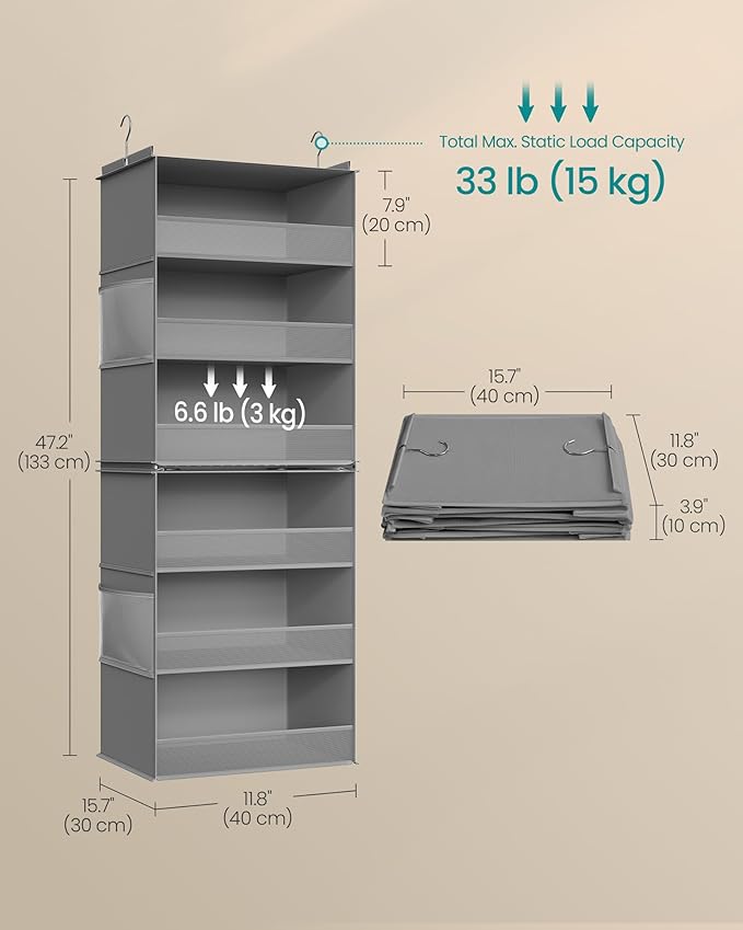 SONGMICS Hanging Closet Organizer, 6-Tier Fabric Storage Shelf, Separable Closet Hanging Shelf with Side Pockets, Foldable, Metal Hooks and Bamboo Inserts, Dove Gray URCH007G01