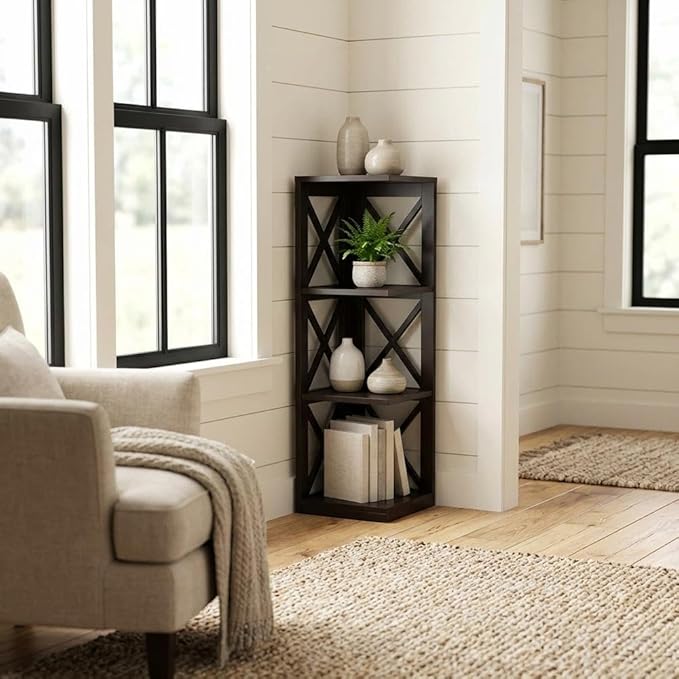 Furnifact Espresso 3 Tier Corner Bookcase with Non Lead Base Paint, Space-Saving Design, Modern Style, Durable Construction