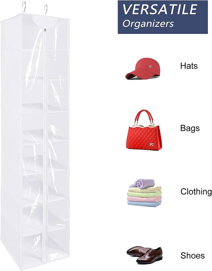 8 Tier Clear PVC Closet Hanging Organizer with Zipper, Foldable Hanging Closet Organizers and Storage, Hanging Clothes Storage Organizer, hanging shoe organizer, White Closet Shelves