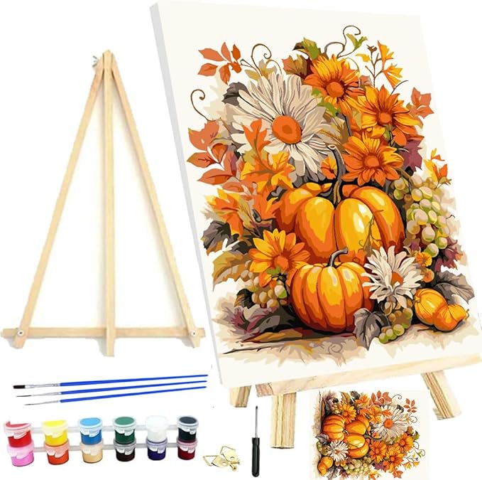 Meothan Paint by Numbers Kits for Adults Framed, Fall Paint by Number for Adults Beginners, Autumn Pumpkin Paint by Numbers Kits on Canvas with Framed for Home Wall Decor 12x16inch (with Easel)