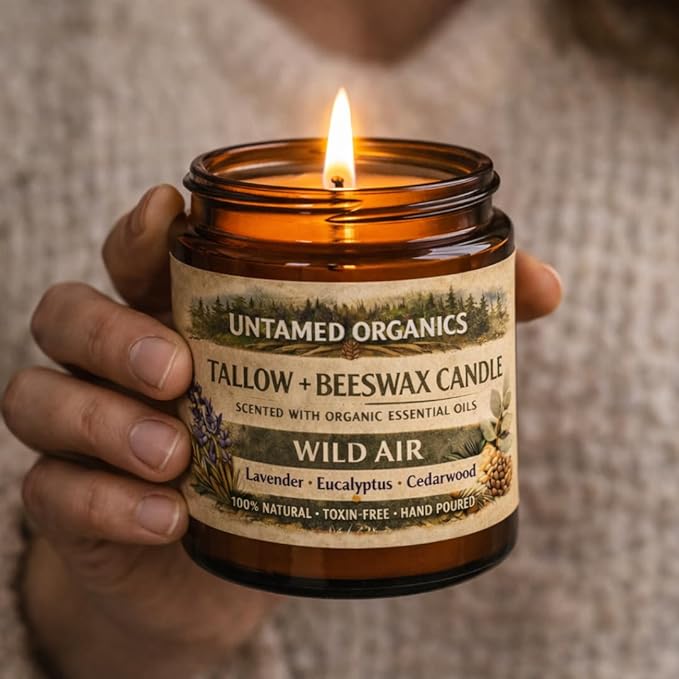Grass-Fed Tallow Candle, Essential Oil Scented (Lavender Eucalyptus Cedarwood), No Synthetic Fragrance, Non-Toxic, 100% Cotton Wick, Hand Poured, 8 oz Amber Glass Jar, 50+ Hr Burn
