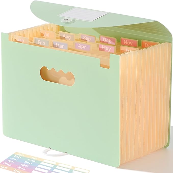 SortRax Accordion File Organizer 12 Pockets, Monthly Bill Receipt Tax Organizer, Expanding File Folders with Larger Bright Tabs, Fits Letter/A4 Size - Green