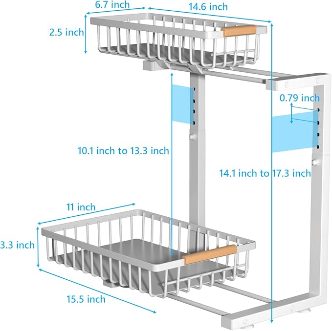 Under Sink Organizers,5 Adjustable Height，Metal Pull Out Under Sink Organizers and Storage Shelves with Sliding Drawer, White 1pack（Hight 13.6″-16.9″）