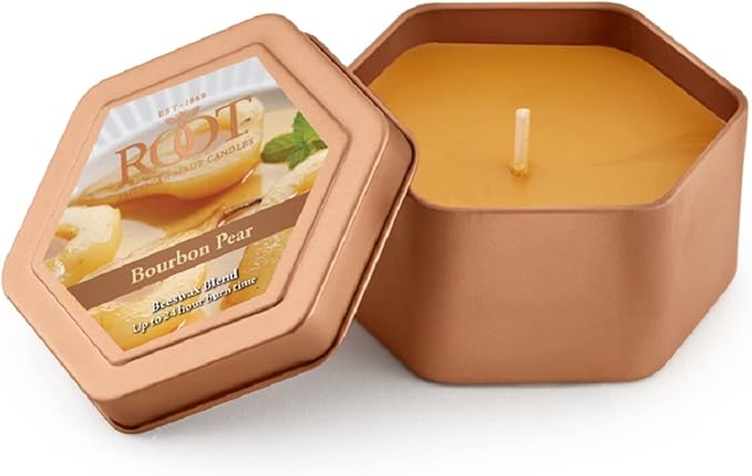 Root Candles Fall Scented Candles in Travel Tin 24-Hour Honeycomb Traveler Handcrafted Beeswax Blend Candle, 4-Ounce, Bourbon Pear