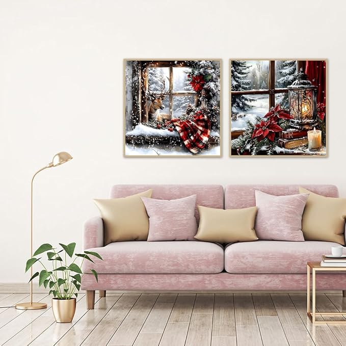 NEGEKFKX 2 Pack Christmas Paint by Numbers Kit for Adults Beginner with Framed,Deer Easy Adult Paint by Number Kits on Canvas DIY Painting for Beginners Art by Numbers for Home Wall Decor 10x10Inch