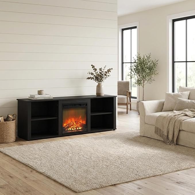 Furnifact Americano Wood TV Stand with Fireplace, 70 Inch Wide Modern Media Console with Durable Construction and Stylish Living Room Design