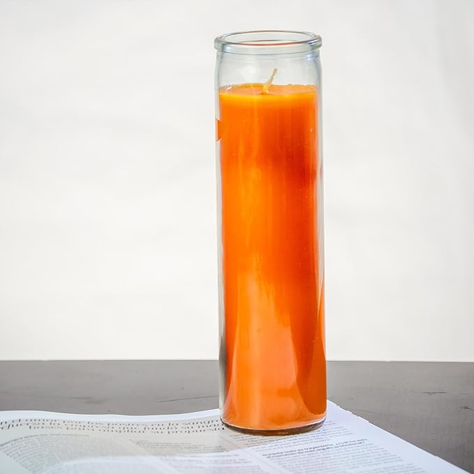 Orange 2x8 Unscented Devotional Candle, 90-Hour Tall Glass Pillar Candle, Long-Lasting Clean-Burning Candle for Home Décor and Special Occasions