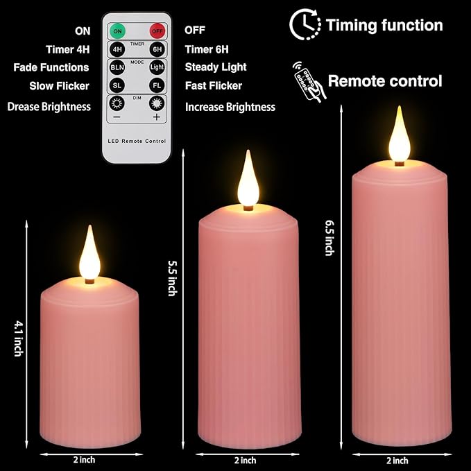 yunsheng Rechargeable Flameless Candles with Remote Timer, in/Outdoor Waterproof LED Flickering Pillar Candles Set of 6 (D2 x H4/5.5/6.5"), Battery Operated Pink Plastic Roman Column Candles