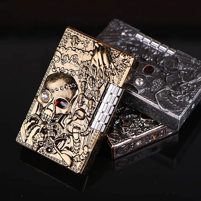 Carving Skull Antique Lighter, Vintage Cool Metal Lighters Refillable, Novelty Lighters for Men for Candles Ideas (No Butane Fuel). (Gold)