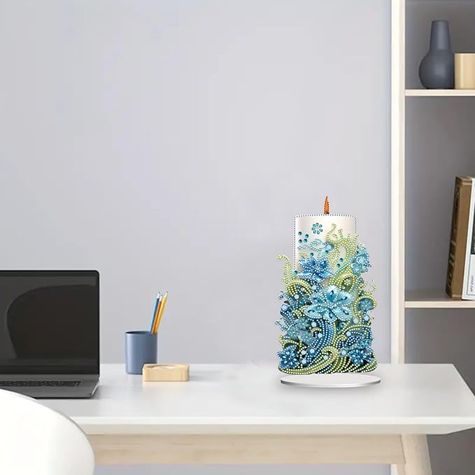 5D Diamond Art Candle Ornaments Kits, DIY Christmas Flower Candle Diamond Art Painting Desktop Ornament, Special Shaped Crystal Diamond Art Painting Tabletop Home Office Decor-02-Flower Candle
