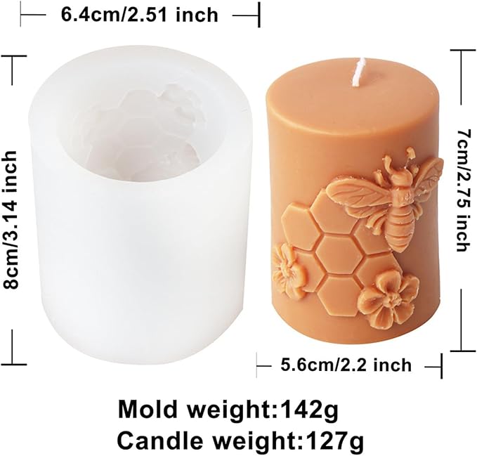 Bee Honeycomb Flower Cylinder Candle Mold, Honeybee Beehive Pillar Silicone Mold for Beeswax Candle, Soy Wax Candle, Plaster Ornament, DIY Crafts (A)