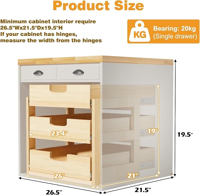 Pull Out Cabinet Organizer, 26''W×21''D Sliding Drawers for Cabinets, 3 Tier Soft Close Slide Out Wooden Pull out Drawers, Base Cabinet Organization for Kitchen, Pantry, Bathroom.