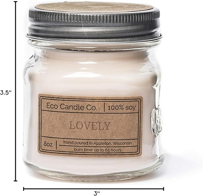 ECO CANDLE CO. Mason Jar Candle, Lovely, 8 oz. - Scents of Lavender, Rosewood, Orchid, Bergamot, Cedarwood, & Musk - 100% Soy Wax, No Lead, Kraft Label & Antiqued Pewter Lid, Hand Made
