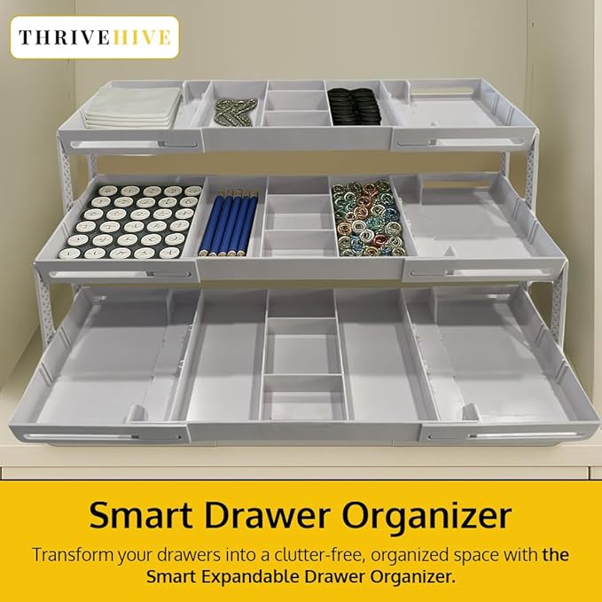 3 Tier Drawer Organizer, Multi Level Smart Drawer Organizer for Desk, Expandable Organizer for Office, Makeup, Jewelry, Kitchen, Folding Storage for Home and Office Drawers & Craft Organizer – White