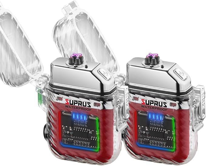 SUPRUS Waterproof Luminous Lighter of Flashlight Windproof Arc Electric Lighters Rechargeable Dual Arc Plasma (Red, 2Packs)