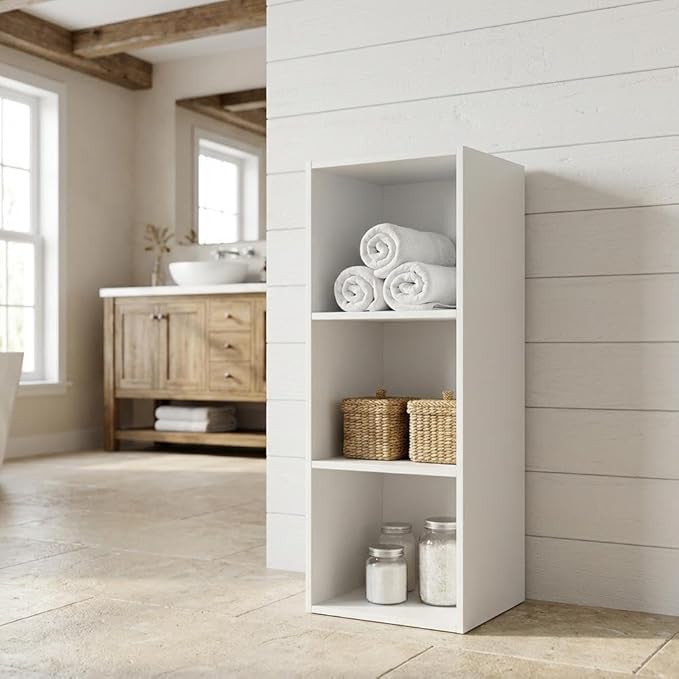 Furnifact White 3-Tier Open Shelf Bookcase, Modern Design, Durable Wood Material, Space-Saving Storage Solution for Home and Office Use