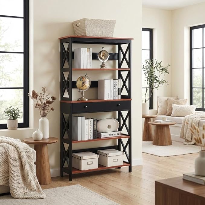 Furnifact Cherry Black 5 Tier Bookcase with Drawer, Durable Particle Board, Melamine Finish, Non Lead Base Paint, Stylish Home Office Storage Solution