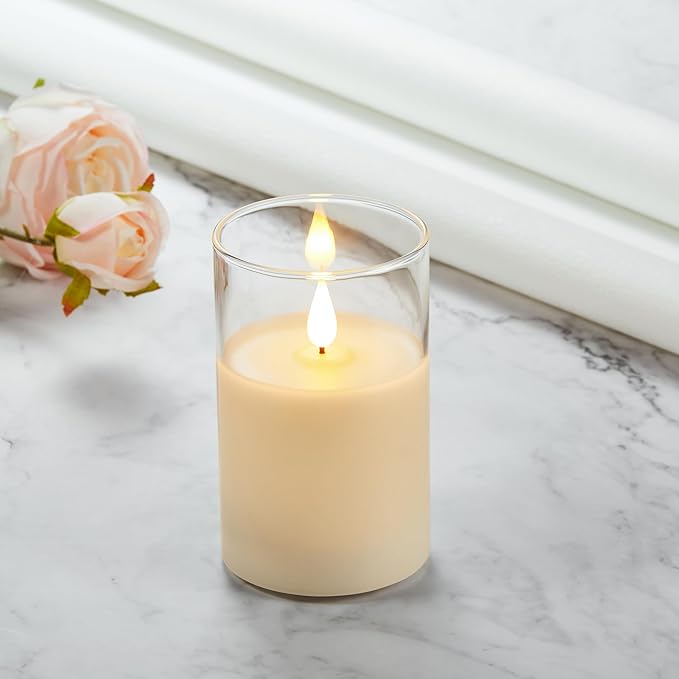 Flickering Flameless Candles, Battery Operated Candles with 3D Wick, Last 1000+ Hours LED Candle with Remote and Timer, Rechargeable Candle Real Wax White Glass, Home Decor 3" x 6"