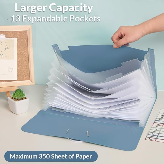 SKYDUE Expanding File Folde rwith 13 Pockets, Accordion File Organizer fits for A4/Letter Sized Paper, Accordion Folder with Labels - Document Receipt Organizer for Office, School, Home Blue
