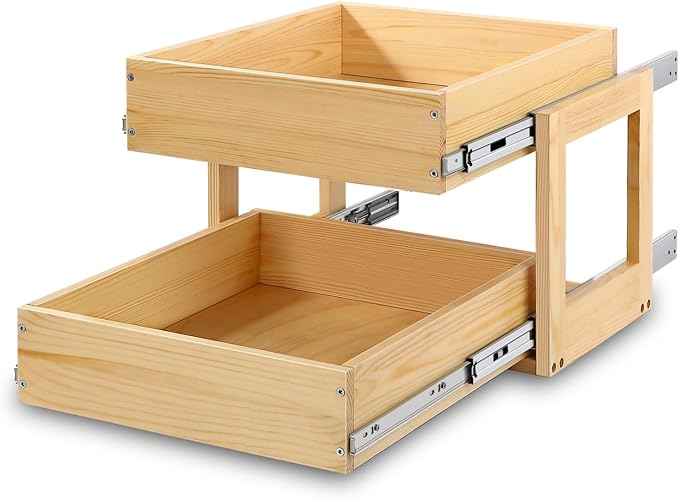 Mulush Pull Out Cabinet Organizer, 23''W×21''D×16''H Soft Close Slide Out Wood Drawer Shelves Storage for Kitchen, 2-Tier, Finished, Heavy-Duty, Bottom Assembly