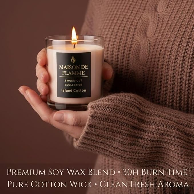 Smoke Odor Eliminating Candle – Island Cotton Soy Wax Candle for Kitchen, Apartment & Home Smells, Long Lasting Odor Neutralizing Scented Candle, 150g / 5.3 oz – Maison De Flamme