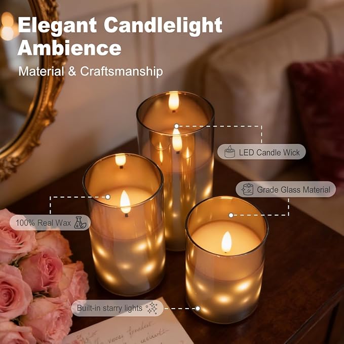 Rechargeable Glass LED Flameless Candles, Embedded Star String Flickering Flameless Candles for Romantic Ambiance and Home Decoration with Remote & Timer(Gray)