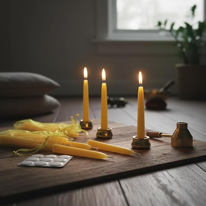 Mini Taper Candle Meditation Candles,20 Minute Prayer Candlestick Dripless Beeswax Candles with Brass Candle Holder for Yoga & Spiritual Rituals (Set of 30)