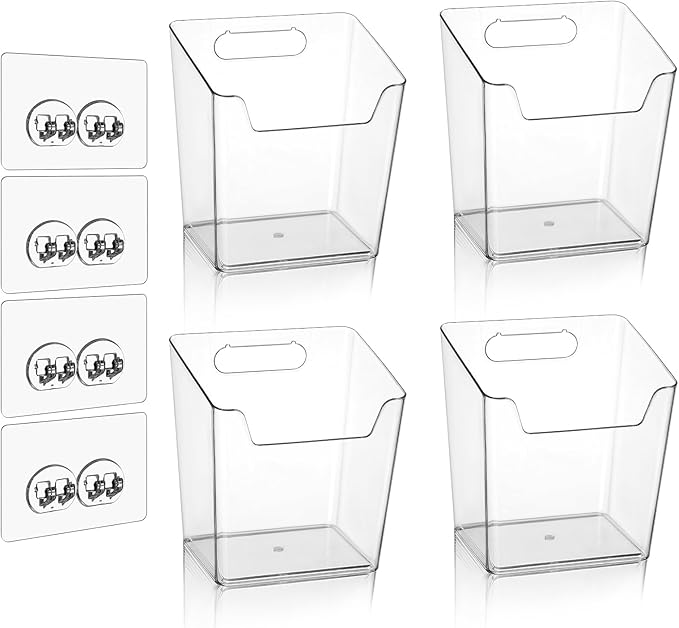 Clear Cabinet Door Organizer Bathroom, 4 Pack Hanging Makeup Storage Brush Holder, Adhesive Storage Bin Versatile Vertical Wall Mount Caddy for Pantry Office Kids' Room Small Items Organization