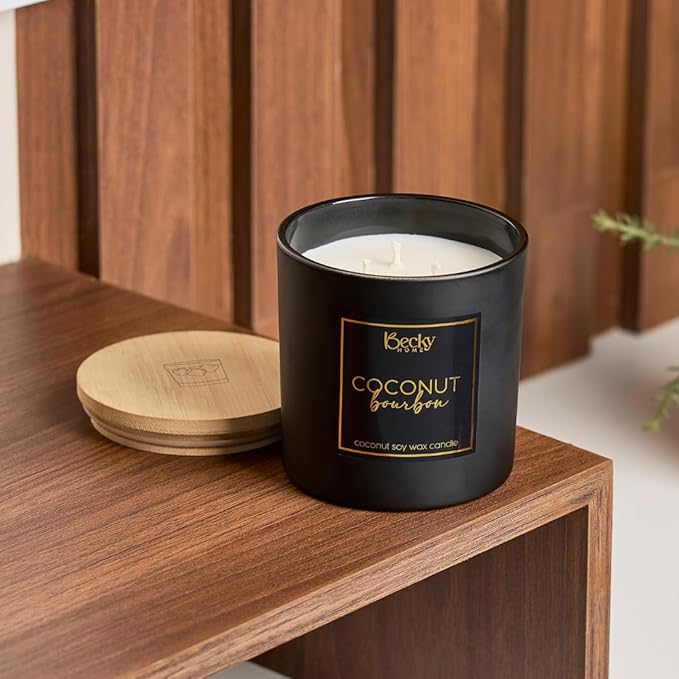 Coconut Bourbon 3-Wick Candle, 14.5oz, Black Matte Jar with Wooden Lid, 60+ Hour Burn Time