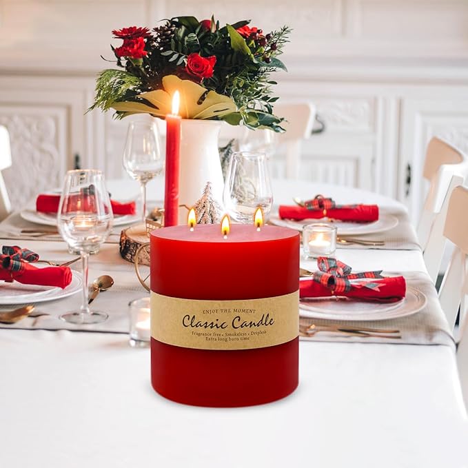 Large 3-Wick Red Pillar Candle - 6x6 Inch Dripless & Smokeless Unscented Fat Candle, 120 Hour Long Burning Hand-Poured Thick Candle with Cotton Wicks