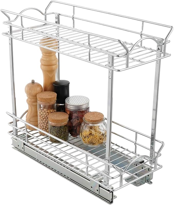 OCG Slide Out Cabinet Organizer for Narrow Cabinet (7" W X 17" D), 2 Tier Pull Out Shelves Slim Sliding Cabinet Organizer and Storage, Chrome