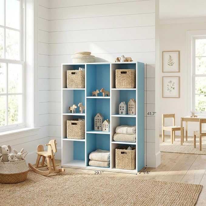 Furnifact White Light Blue 11-Cube Reversible Open Shelf Bookcase, Durable Wood Construction, Versatile Storage Solution, Modern Design