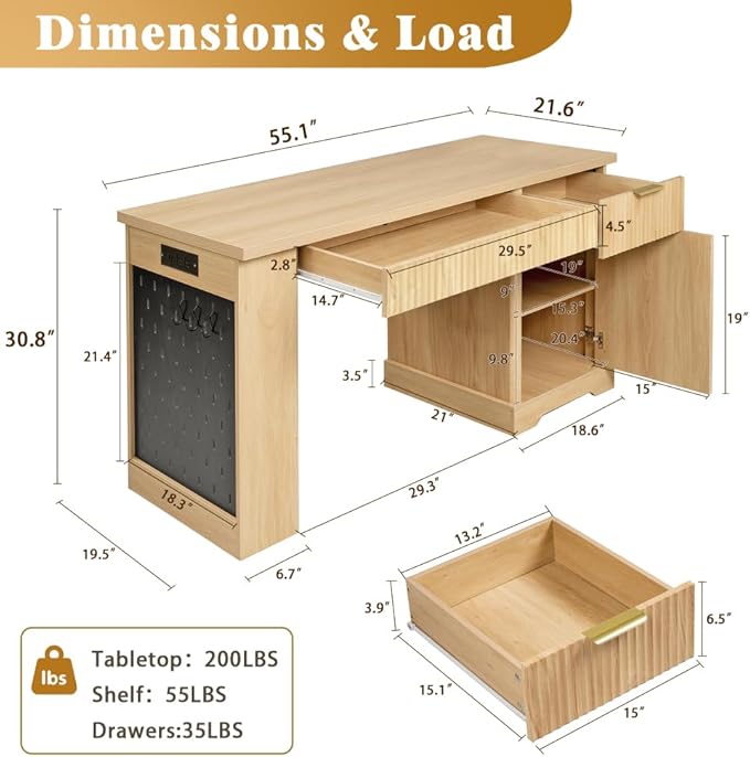 Modern Fluted Office Desk with Storage Cabinet Drawers Power Outlet Pegboard Built-in Shelves Keyboard Tray for Home Office Study Living Room (Light Oak)