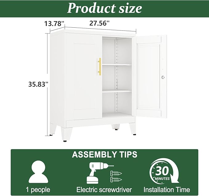 White Metal Storage Cabinet, 36" Tall Locking Storage Cabinet with 2 Adjustable Shelves, Steel Locker Organizer, for Office, Home, School