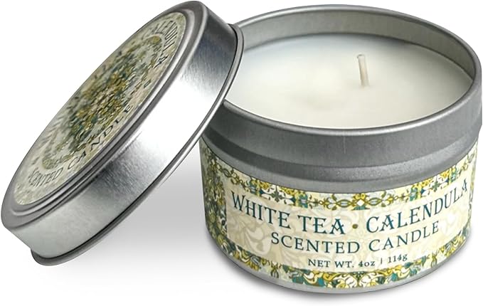 Greenwich Bay Hand-Poured Scented Candle in Decorative Tin – 4 oz/114 g Travel Candle with Lead-Free Wick, Vegetable Wax, Long-Burning Aromatherapy Gift, Single Wick – Made in USA (White Tea)