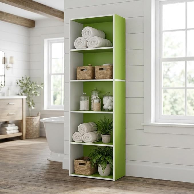 Furnifact White and Green 5-Tier Reversible Open Shelf Bookcase, Durable Construction, Stylish Modern Design for Living Room, Bedroom, Office Storage