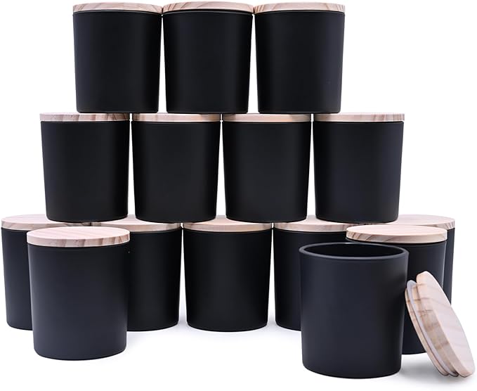 SHOWIN 8 OZ Thick Candle Jars for Making Candles 15 Pcs, Black Empty Jars with Wood Lids for Candle Making, Sample Container,Matte Black